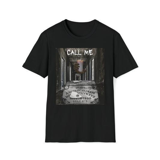 100% pure cotton  Halloween shirt“Call from Beyond”front side image.  Black color.