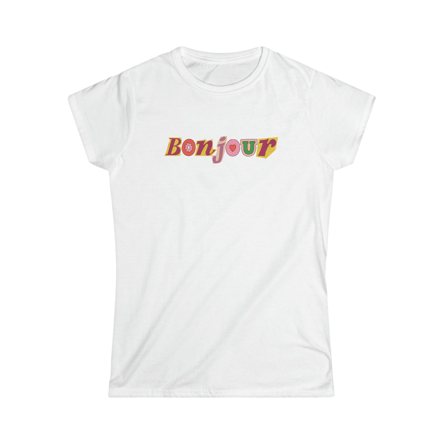 Custom T shirt. Front side Bonjour t shirt design. Tee shirt in white  color.